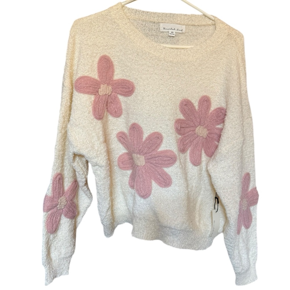 Threaded Leaf Cream Sweater Pink Floral Accents XS Extra Small Oversized NWT